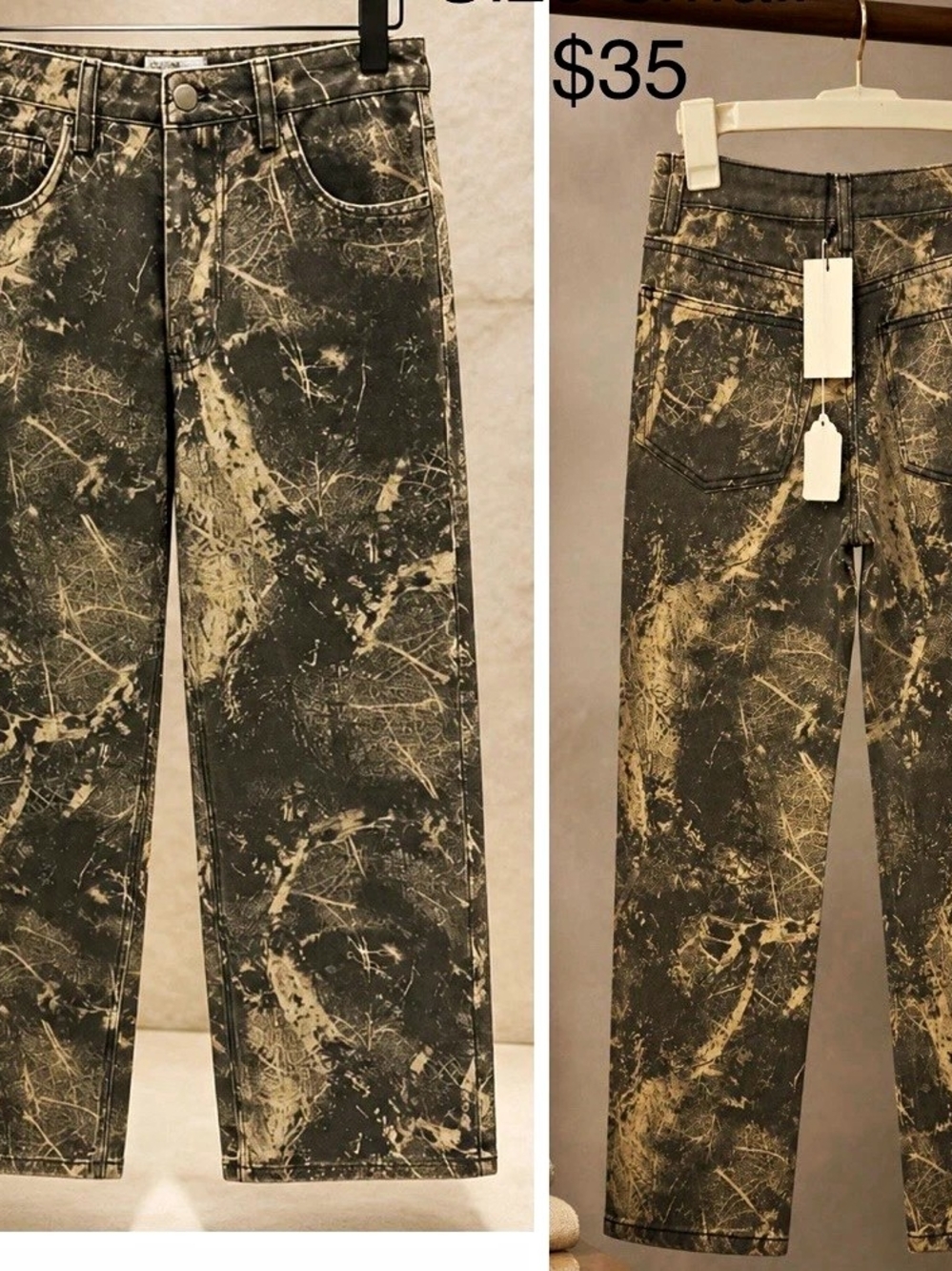 Women’s Black/Beige Camouflage Denim Straight Leg Jeans, Size S, 5-Pocket
